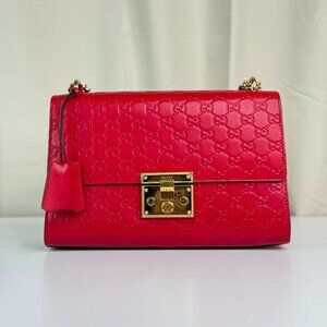 Gucci GG Logo Red Leather Printed Large Padlock Shoulder Bag with Gold Hardware